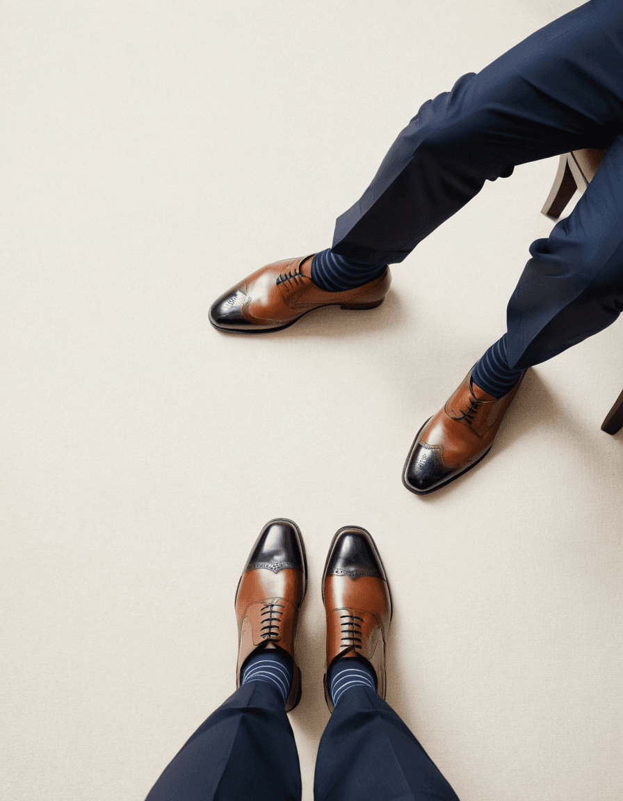 High-angle anime style close-up of a polished adult man's lower legs and feet standing on textured beige carpet. He wears dark navy trousers with subtle check pattern, cuffed hems revealing dark blue striped socks, and black leather cap-toe brogue dress shoes rendered in 2.5D next-gen game art quality. Soft indoor lighting defines athletic anatomy within the cropped composition excluding head., same aesthetic theme and photo feel as the reference but a different man in a different pose with distinct body proportions, Mexican man, bronze skin, strong jaw, thick wavy hair, soccer-player lean legs