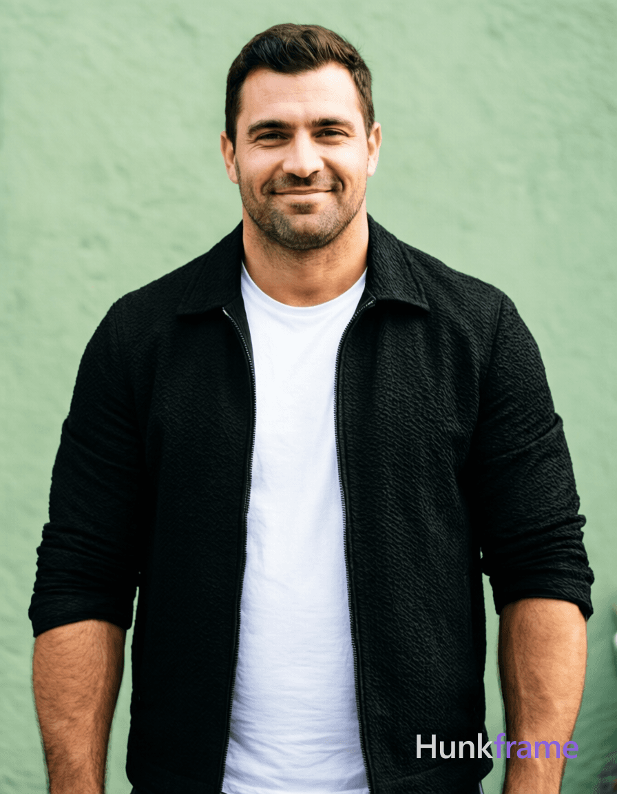 A handsome masculine man standing straight with a slight smile, wearing a black textured jacket