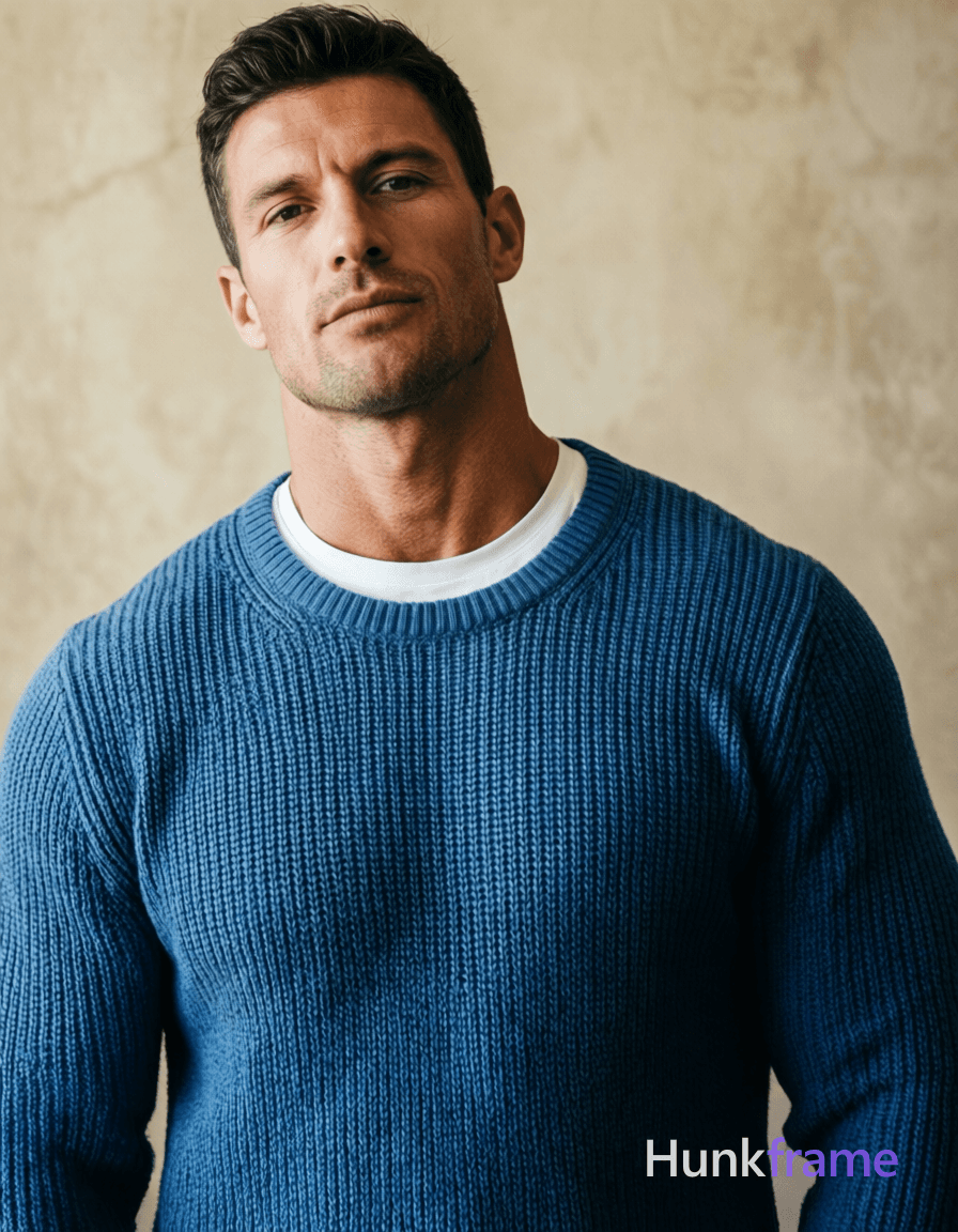 A handsome masculine man standing straight with head slightly tilted forward, wearing a blue ribbed