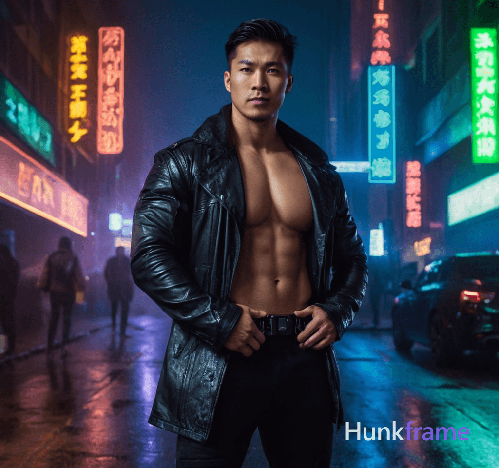 Asian man standing confidently in a cyberpunk cityscape, shirtless with defined abs and chest muscle