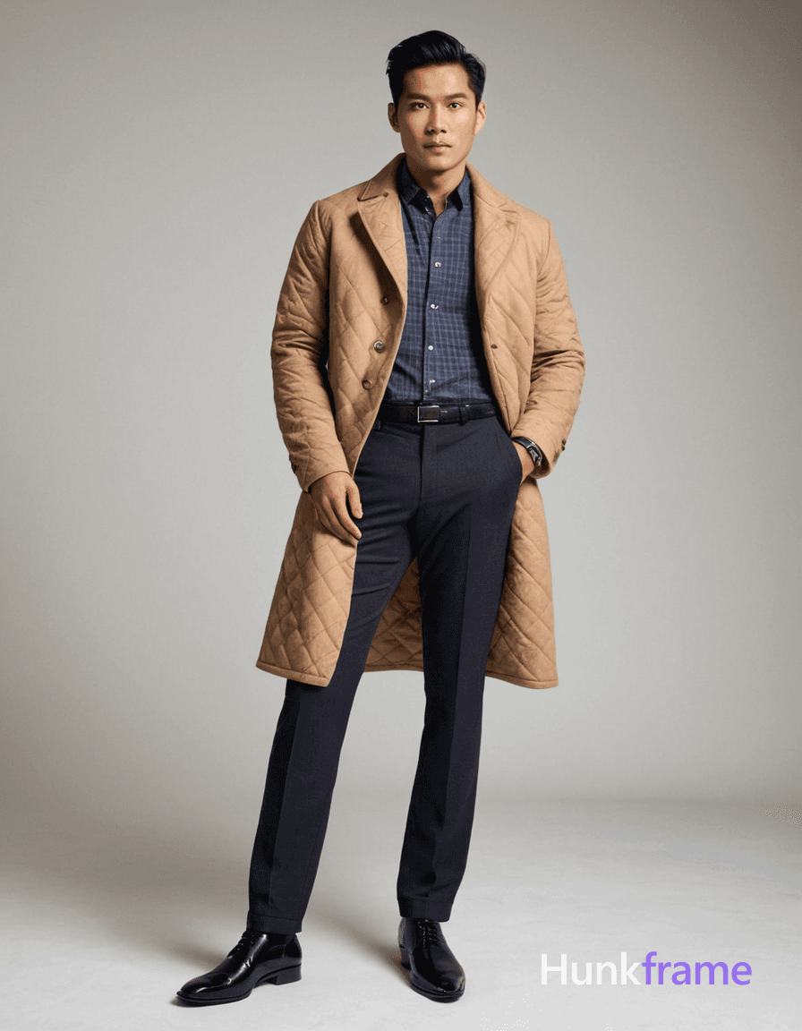 An Asian man posing full-body against a plain white background in soft dramatic lighting. He wears a