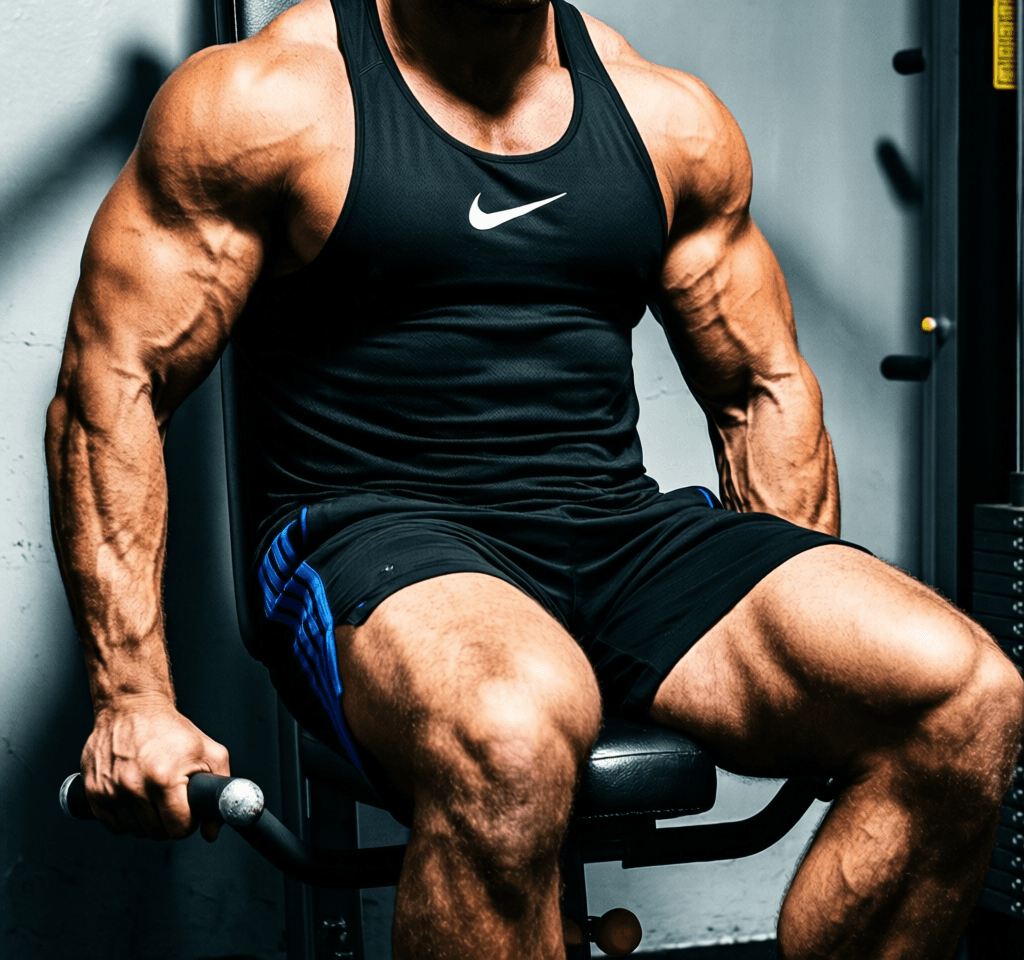 A handsome masculine man seated on gym equipment, mid-torso to upper thighs centered. He wears a