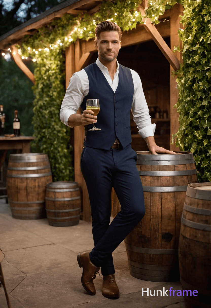 A handsome masculine man standing confidently outdoors with wooden barrels and ivy-covered walls, st