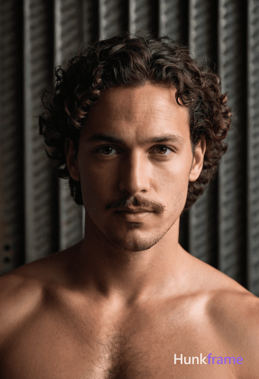 A shirtless man with curly dark hair, a mustache, and goatee stands confidently against a dark perfo