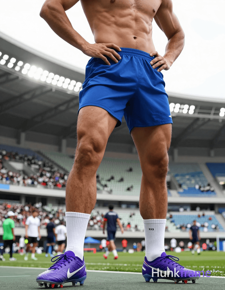 Photorealistic photograph of a shirtless muscular male athlete standing with hands on hips, back to
