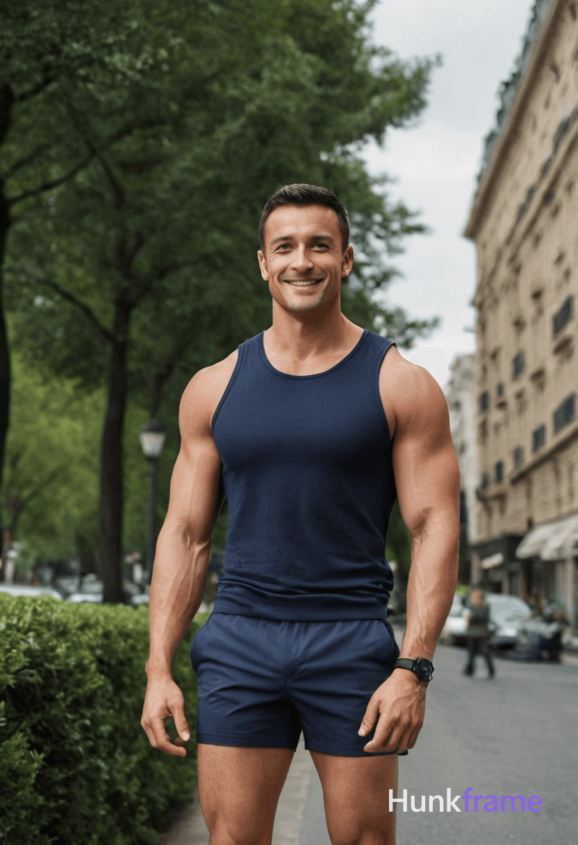 A handsome an anonymous figure man in dark athletic shorts stands confidently outdoors with lush tre