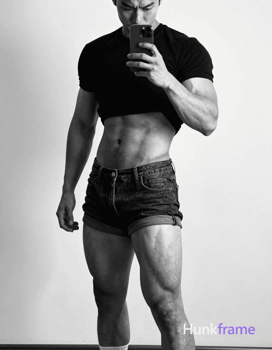 A an anonymous figure man with medium brown skin and thick brows stands in contrapposto pose aga