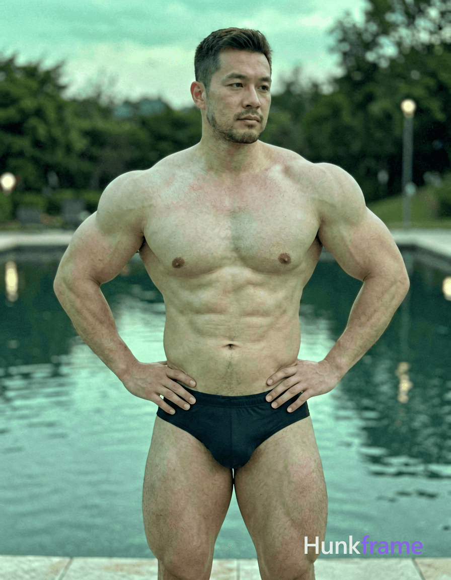 German man with fair skin and a strong brow ridge, shirtless, standing near a serene pool at dusk, g