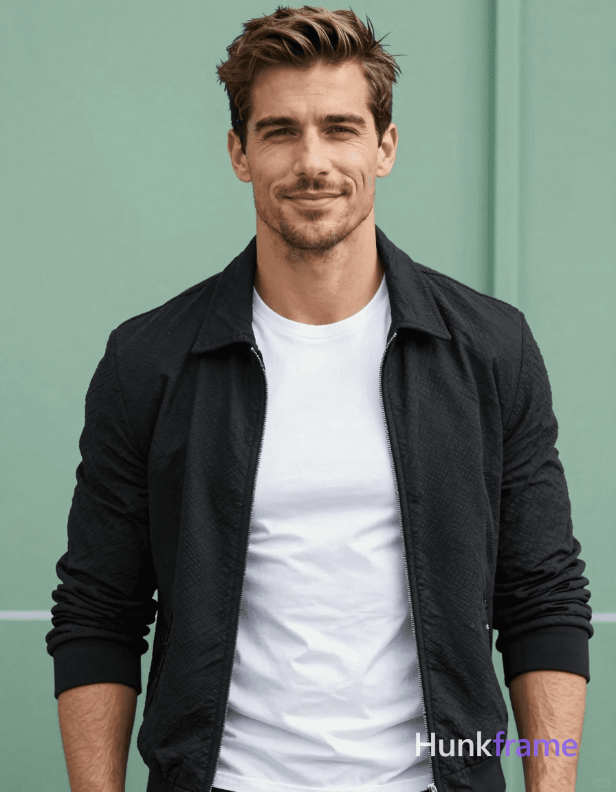 A handsome masculine man standing straight with a slight smile, wearing a black textured jacket