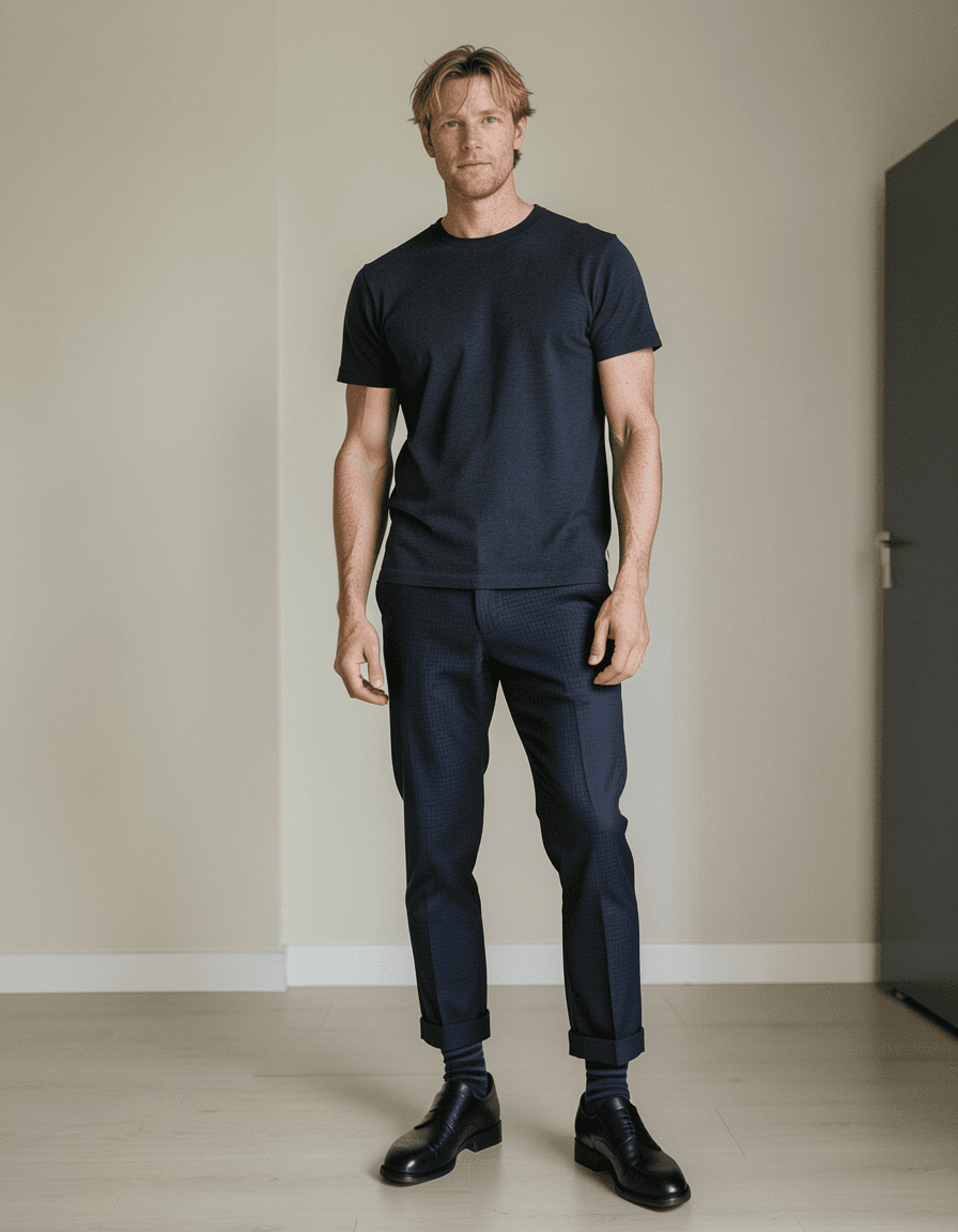 freshly generated candid Xiaohongshu lifestyle photo, brand new full-body composition with a different pose, camera angle and background, both hands relaxed, not a mirror selfie, not a copy of any reference image, dark navy trousers with subtle check pattern, cuffed hems revealing dark blue striped socks, black leather cap-toe brogue dress shoes, thick thighs, authentic social-feed lifestyle mood, reference lighting and color treatment: fine-art fashion editorial photography, soft indoor lighting, muted navy/black/beige palette, same aesthetic theme and photo feel as the reference but a different man in a different pose with distinct body proportions, Northern European man, light freckled skin, dirty blond hair, tall lanky runner frame, a single uninterrupted photograph only, no written words or typography anywhere in frame, no captions, no app UI, no social-media post layout, no screenshot borders