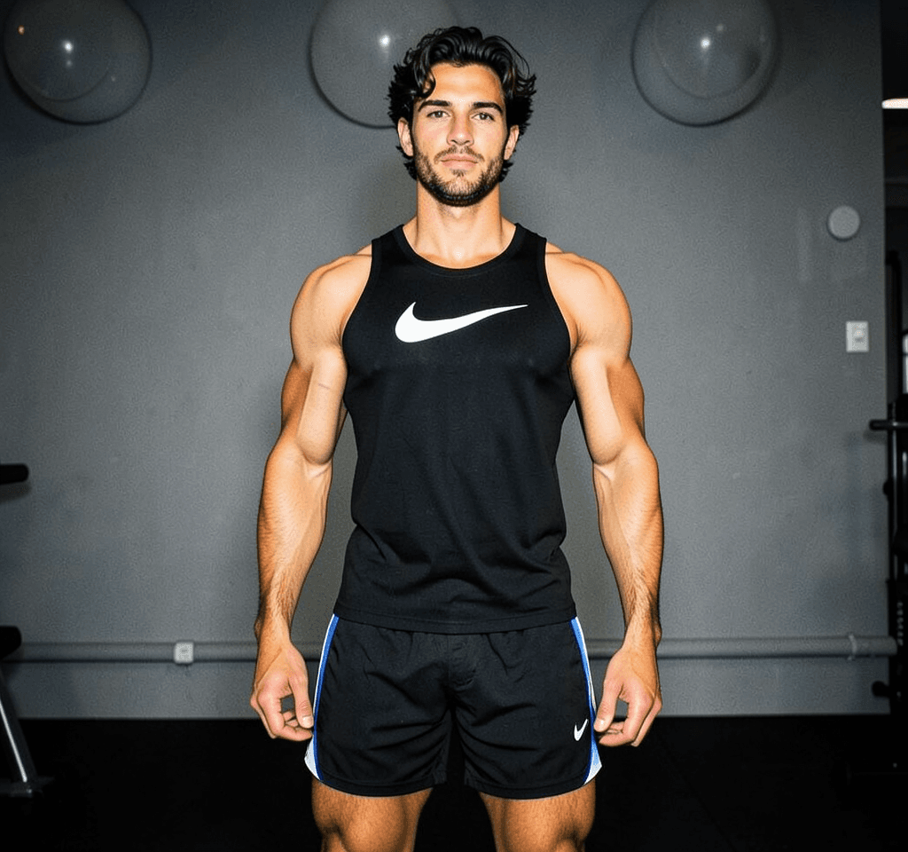 A handsome masculine man seated on gym equipment, mid-torso to upper thighs centered. He wears a