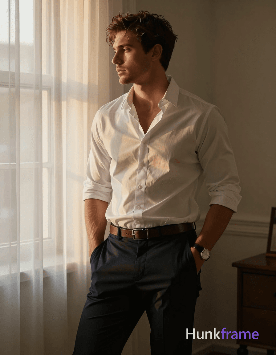 A handsome masculine man leaning against a window with hands in pockets, wearing a white button-up s