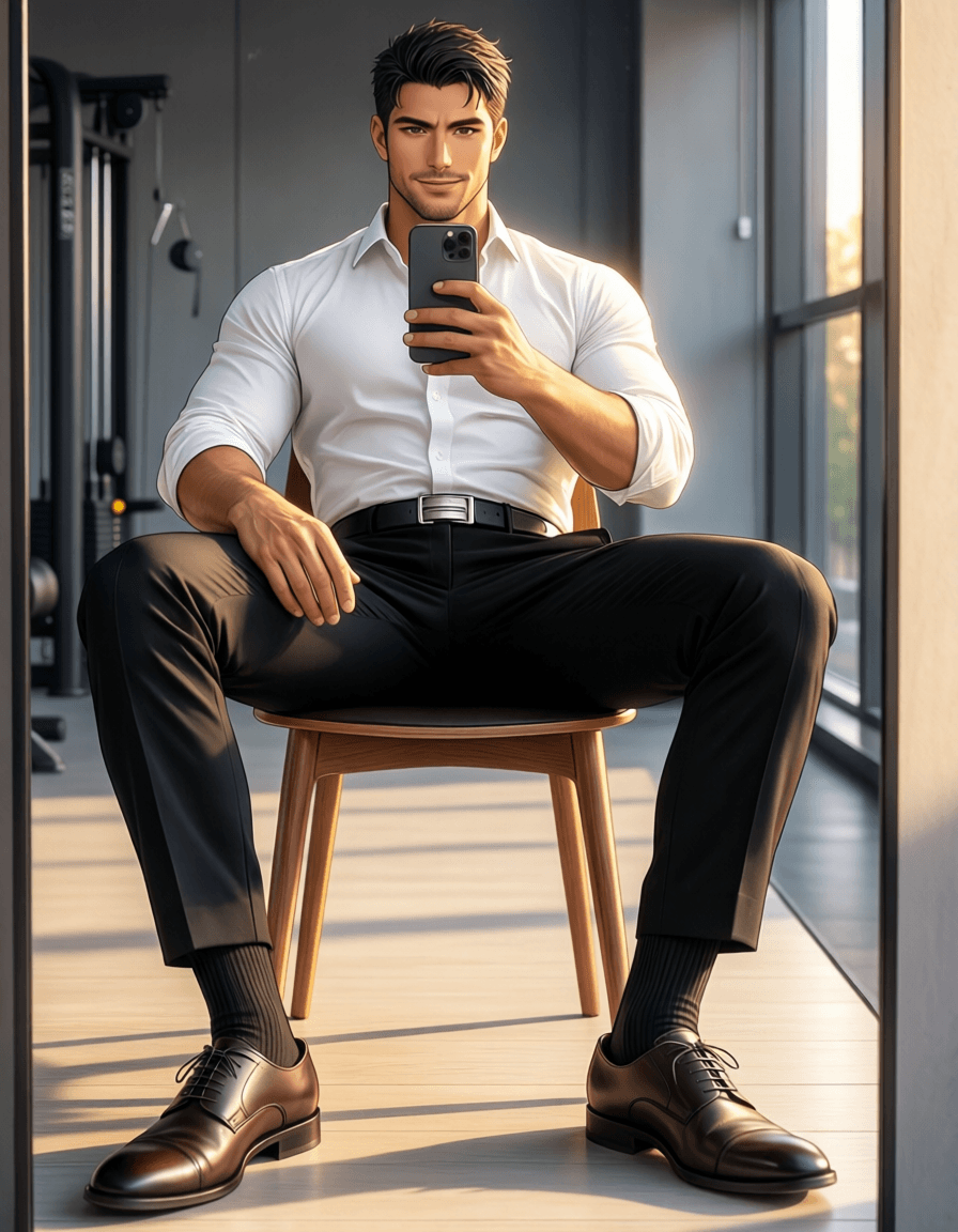 Full-body mirror selfie of an adult man with light-medium skin and short dark ha