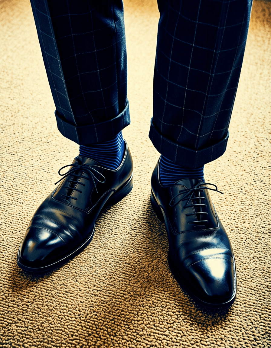 High-angle wall art close-up of a masculine man's lower legs and feet standing on textured beige carpet. He wears dark navy trousers with subtle check pattern, cuffed hems revealing dark blue striped socks, and black leather cap-toe brogue dress shoes rendered in bold flat-color graphic design style. High-contrast color blocking emphasizes the vertical composition excluding head for poster use., a single uninterrupted photograph only, no written words or typography anywhere in frame, no captions, no app UI, no social-media post layout, no screenshot borders