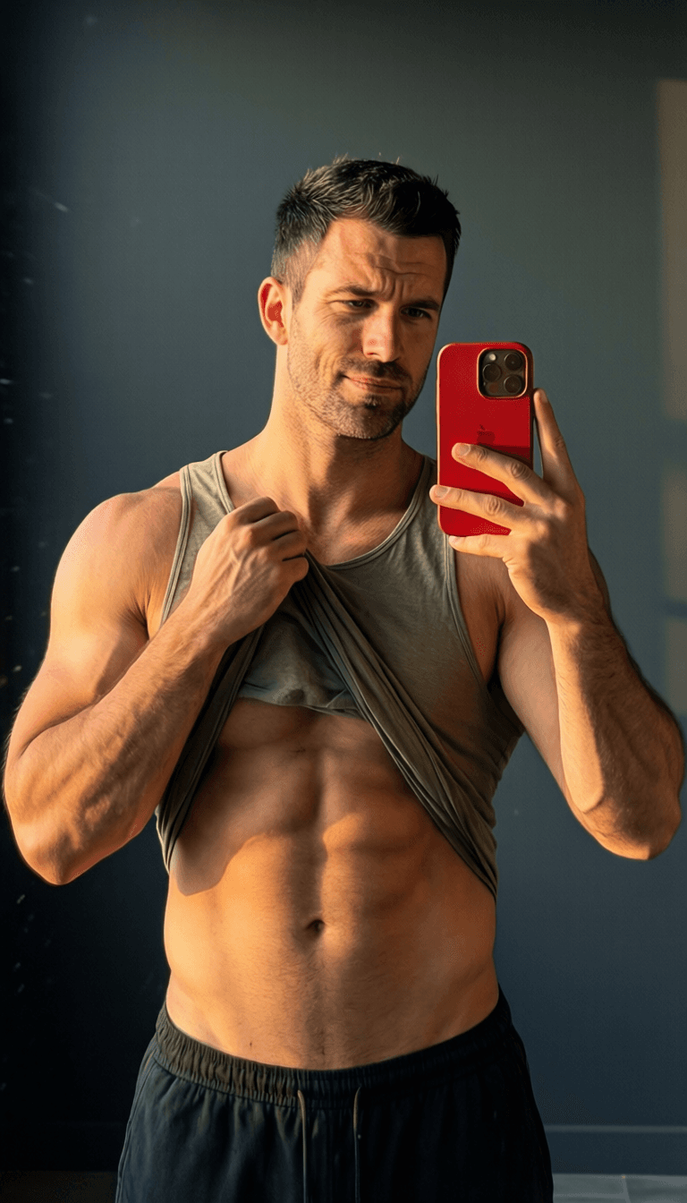 A polished adult masculine man with short black hair stands facing mirror, left