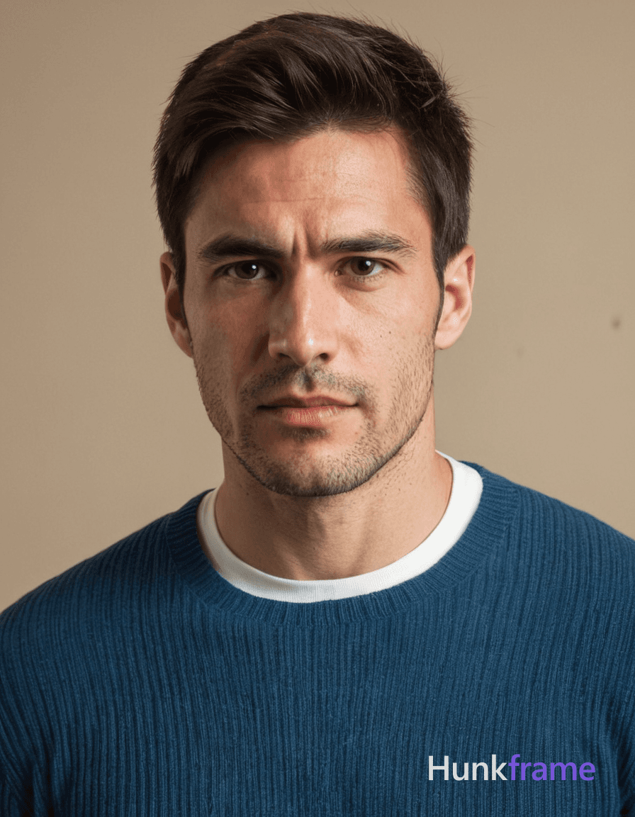 A handsome masculine man standing straight with head slightly tilted forward, wearing a blue rib