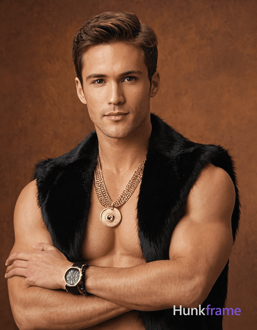 shirtless man with muscular build, arms crossed over chest, hand resting on fur collar, head slightl