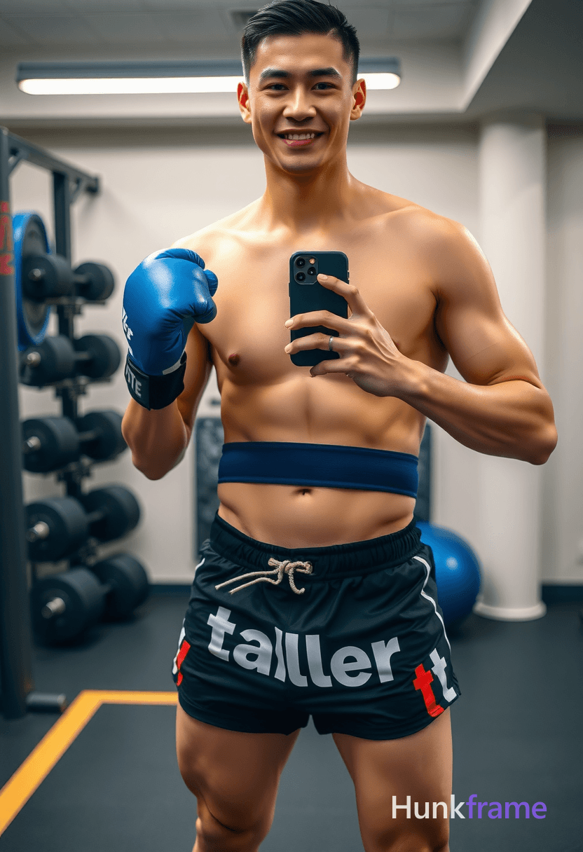 Photoreal photograph of an Asian man with a compact athletic build standing with his torso slightly