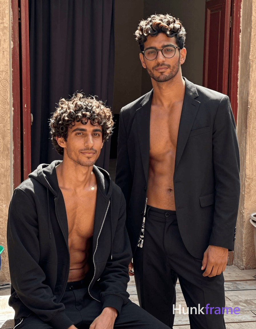 A Moroccan man with deep tan skin, dark curls, and defined abs stands in a sunlit doorway of an old