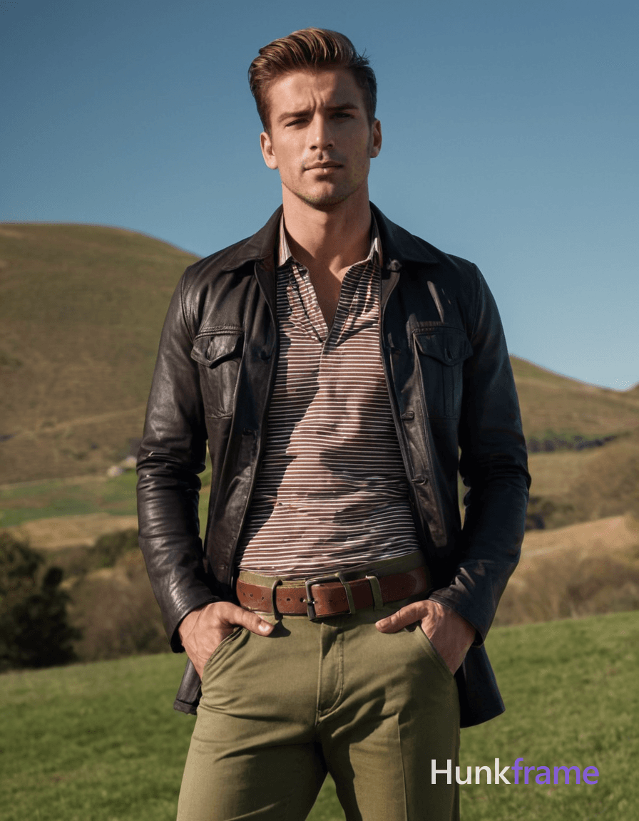 A handsome an anonymous figure man poses on a grassy hillside in late afternoon light, dressed in a