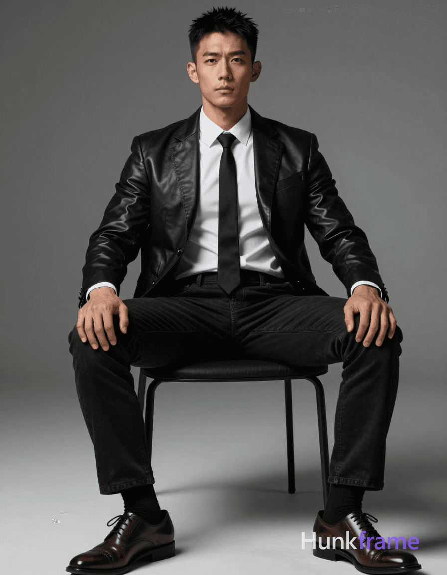 A Chinese man with light tan skin and high cheekbones is seated confidently on a minimalist chair, t