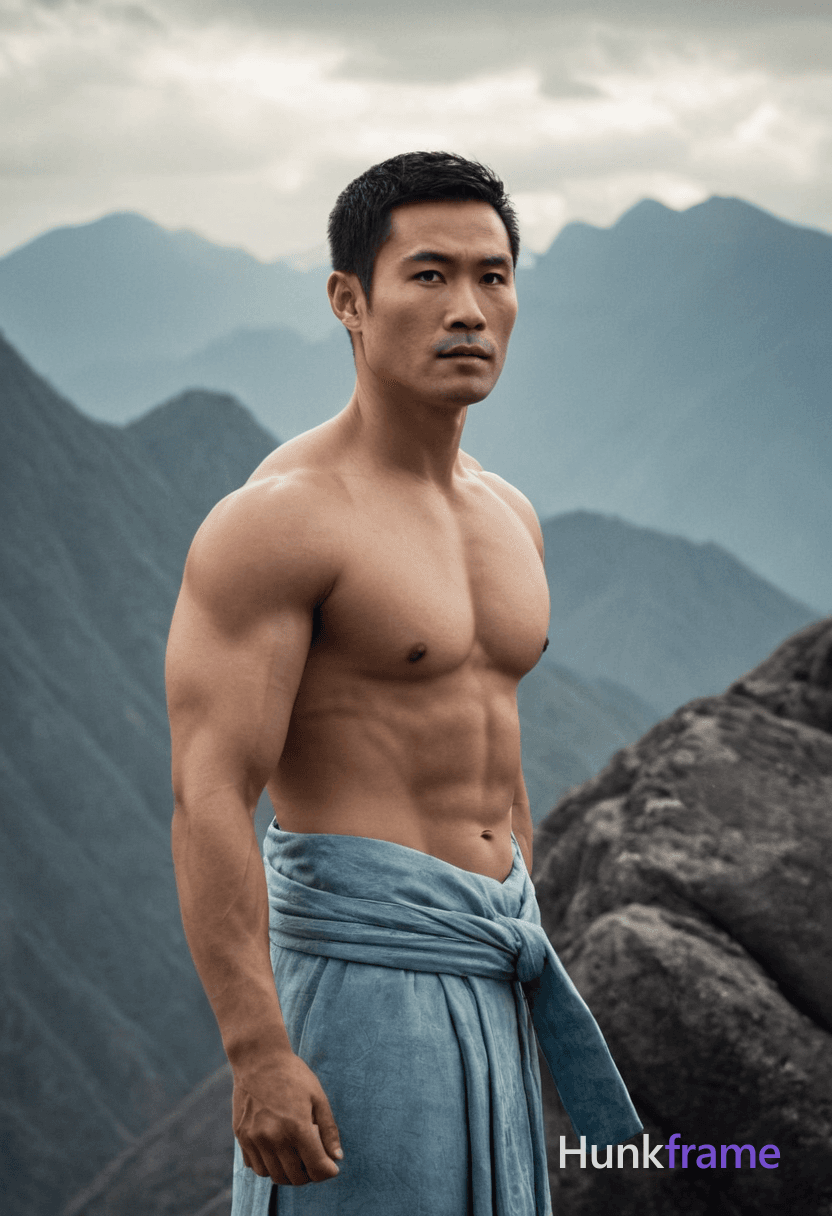 A muscular Asian man in elegant Chinese robes standing against a backdrop of misty ink wash mountain