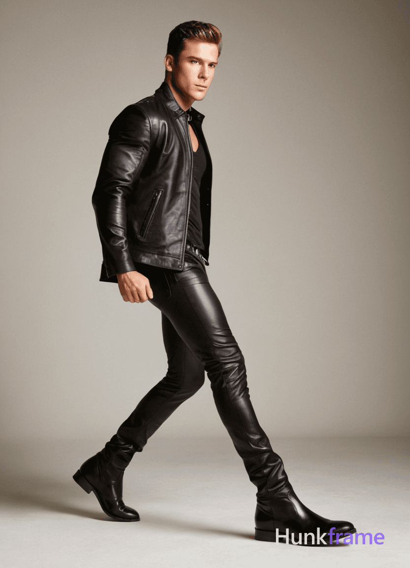 A young adult male with a well-defined athletic build poses confidently in an upscale studio setting