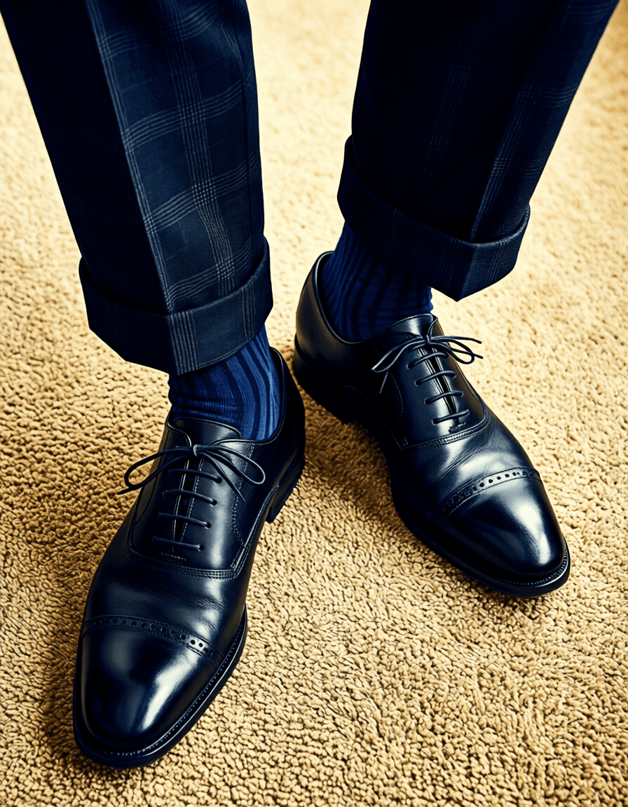 High-angle wall art close-up of a masculine man's lower legs and feet standing on textured beige carpet. He wears dark navy trousers with subtle check pattern, cuffed hems revealing dark blue striped socks, and black leather cap-toe brogue dress shoes rendered in bold flat-color graphic design style. High-contrast color blocking emphasizes the vertical composition excluding head for poster use., same aesthetic theme and photo feel as the reference but a different man in a different pose with distinct body proportions, Turkish man, olive skin, aquiline nose, lean hairy chest editorial look, a single uninterrupted photograph only, no written words or typography anywhere in frame, no captions, no app UI, no social-media post layout, no screenshot borders