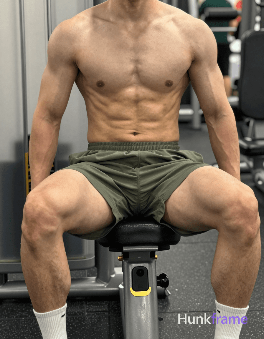 Photoreal photograph of a shirtless man seated on a gym machine with his torso leaned back and hands