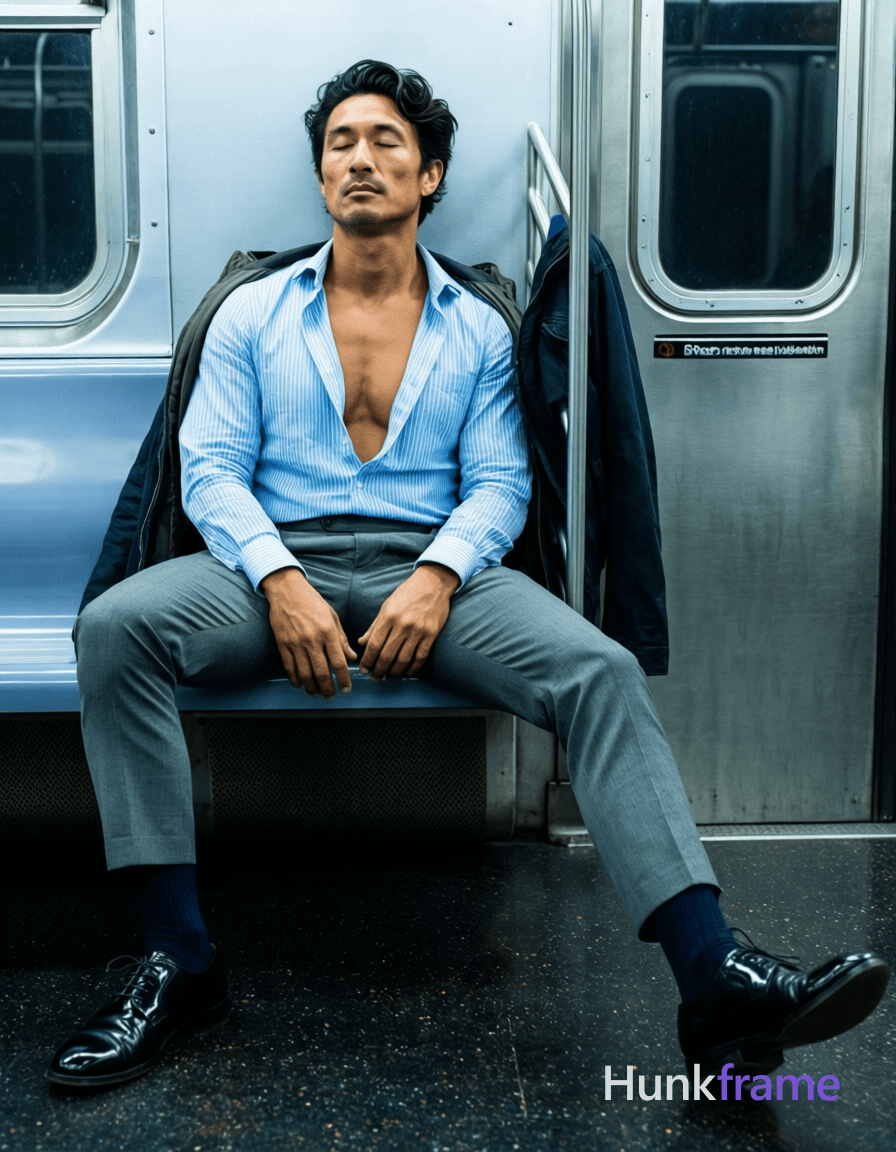An Asian man with light-medium skin and short black hair styled back sits on a subway bench, eyes cl