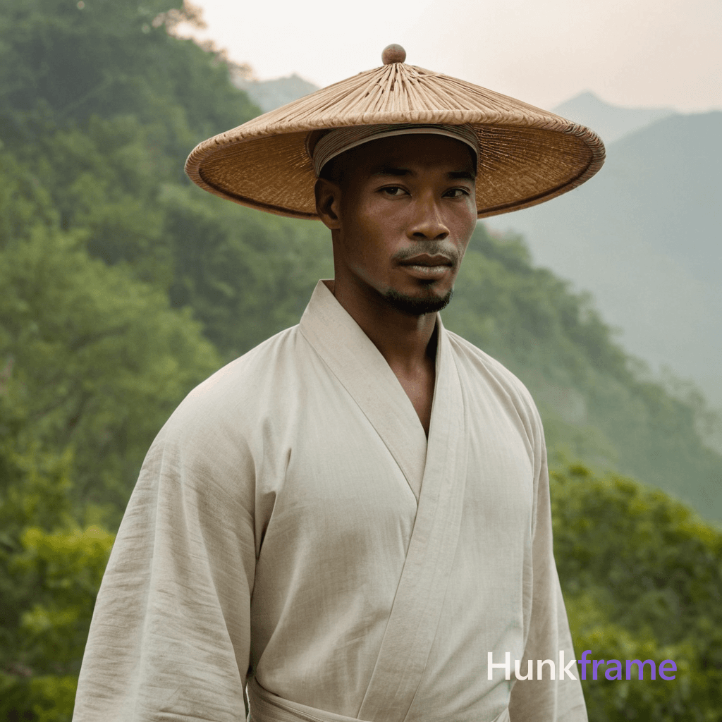 A muscular African-descended man in a flowing Chinese-inspired robe stands gracefully against misty