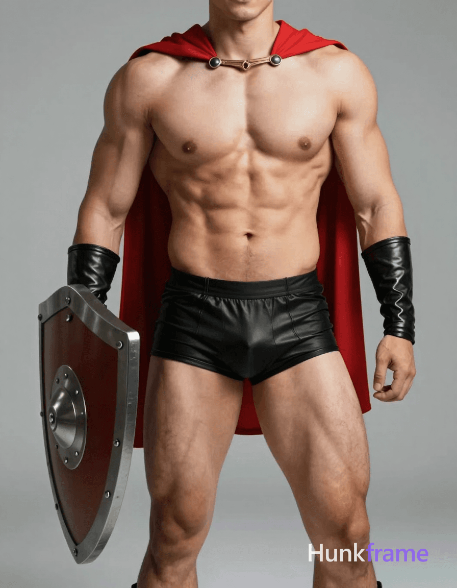 Photoreal photograph of a handsome masculine man standing with one hand on a shield, torso sligh