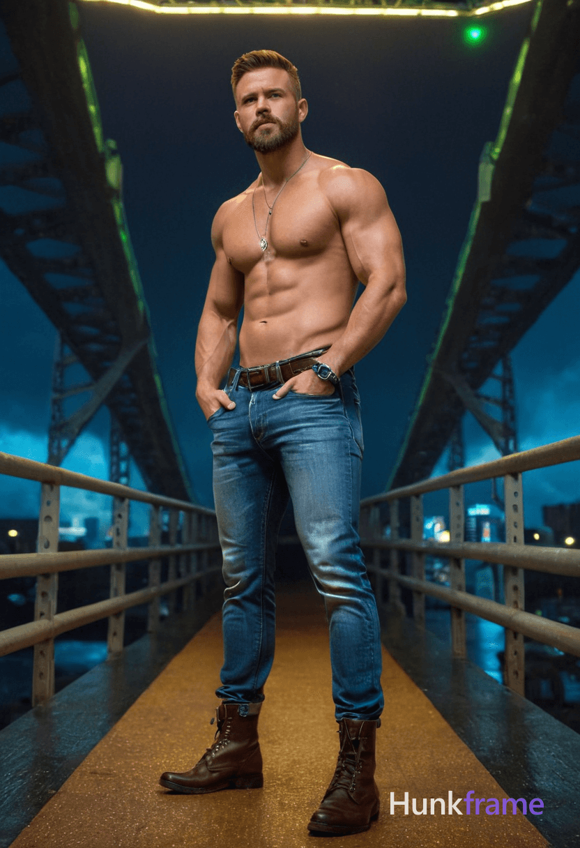 A muscular man poses confidently on a rainy, neon-lit bridge with a cyberpunk atmosphere; wearing de