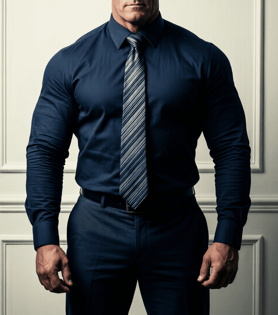 Vertical athletic portrait of a muscular adult man standing facing forward with hands relaxed at sides, wearing dark navy long-sleeve dress shirt with collar and cuffs, striped necktie in navy and light gray diagonal stripes, matching tailored trousers, black belt. Centered vertical torso crop excluding head against an off-white paneled wall. Dramatic directional lighting highlights defined arms and broad shoulders while maintaining clean lines and minimalist composition. Muted palette of navy blue, gray, white, and black conveys confident strength in fine-art photography., a single uninterrupted photograph only, no written words or typography anywhere in frame, no captions, no app UI, no social-media post layout, no screenshot borders