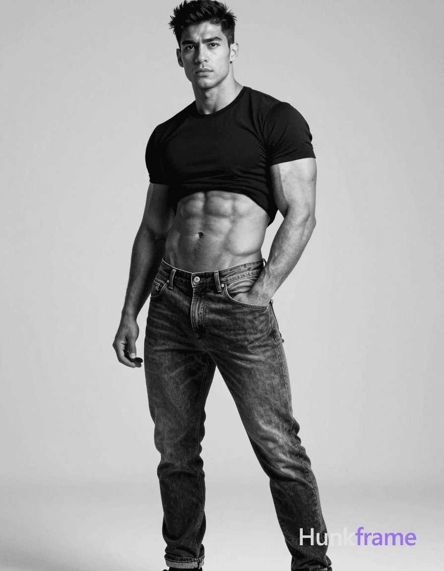 A an anonymous figure man with medium brown skin and thick brows stands in contrapposto pose aga