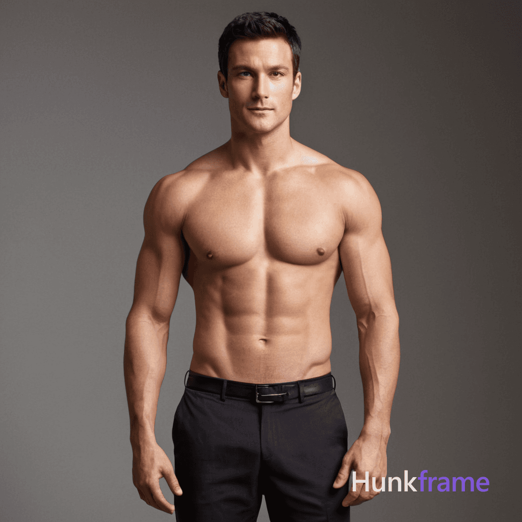 A handsome an anonymous figure man standing confidently on a neutral gray backdrop, shirtless with s