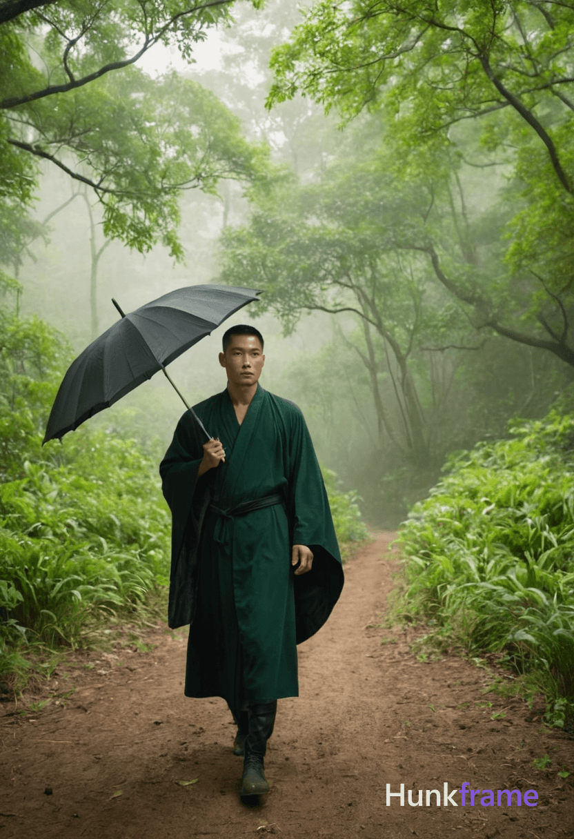 An athletic Asian man standing amidst a lush greenery, holding an umbrella and wearing a black flowi