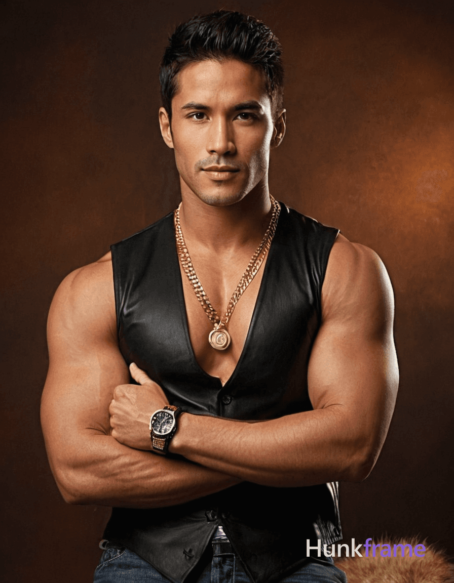 shirtless man with muscular build, arms crossed over chest, hand resting on fur collar, head sli