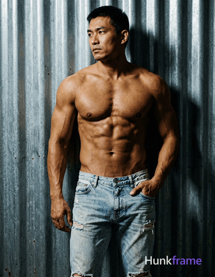 A handsome adult man with medium-tan skin and short dark hair stands leaning against a corrugate