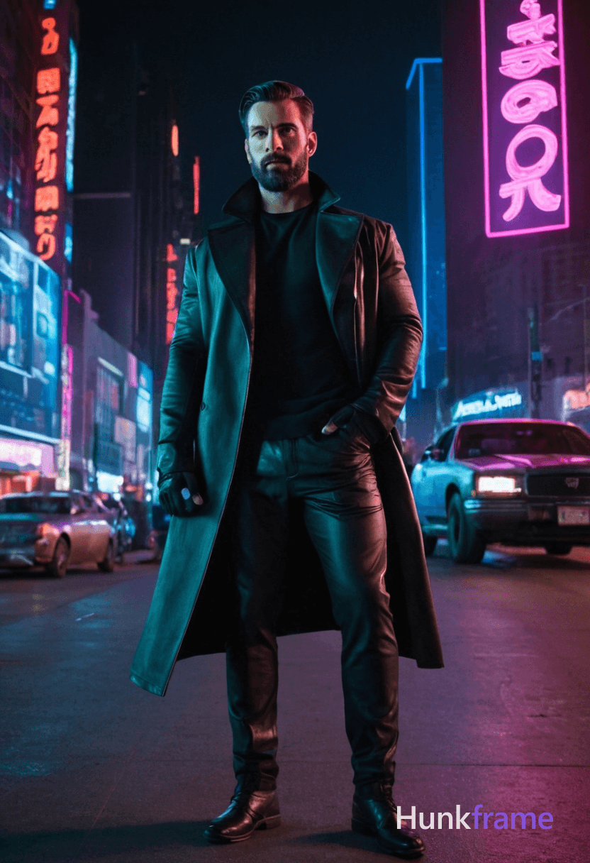 In a neon-lit street, an athletic man with short dark hair and a beard stands in a full-body pose. H