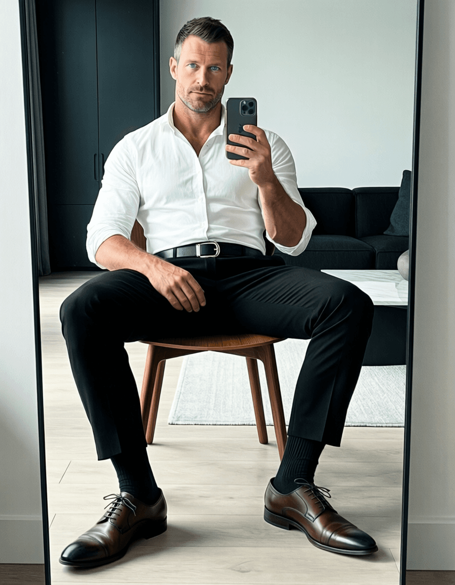 Full-body mirror selfie of an adult man with light-medium skin and short dark hair, seated on a