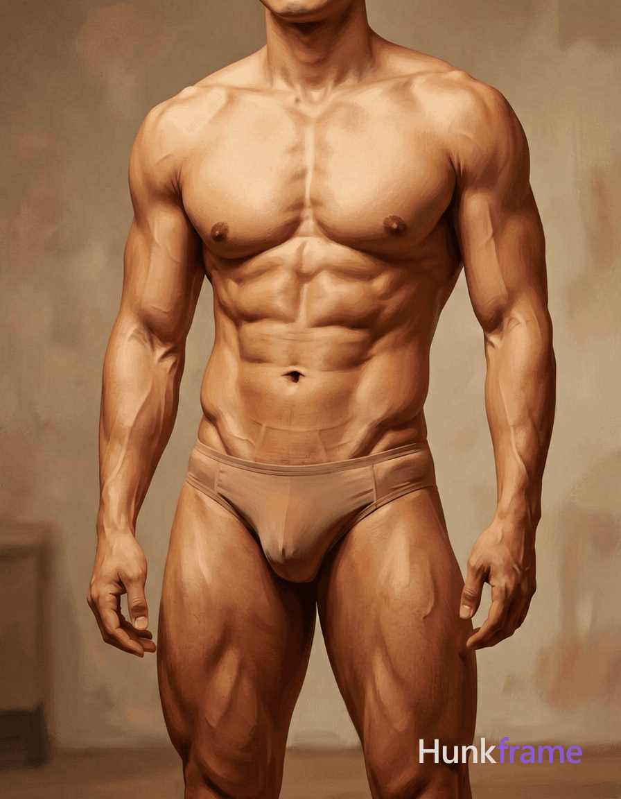 a handsome masculine male with a compact athletic build standing front-facing and slightly angled to