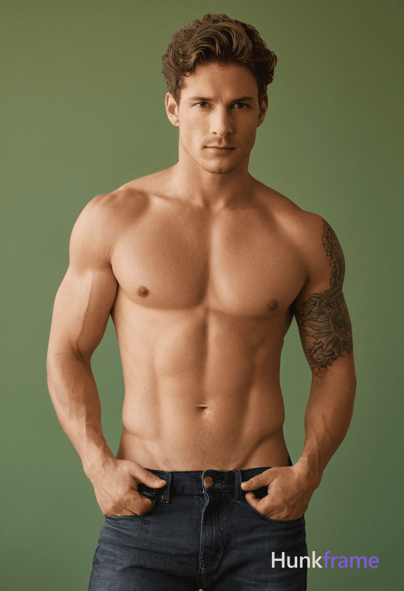 A shirtless man with wavy brown hair stands against a plain grayish-green wall during the golden hou