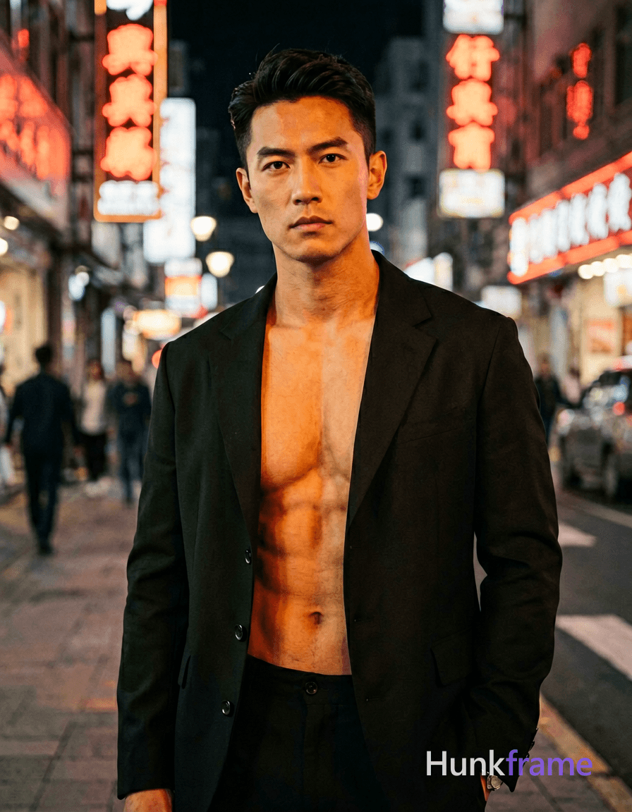 A handsome Asian man standing confidently in an urban setting at night. The subject is shirtless wit