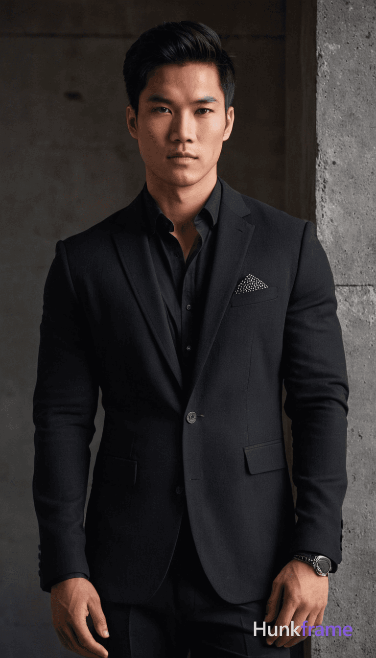 A handsome young Asian man standing against an urban backdrop of a textured concrete wall with soft
