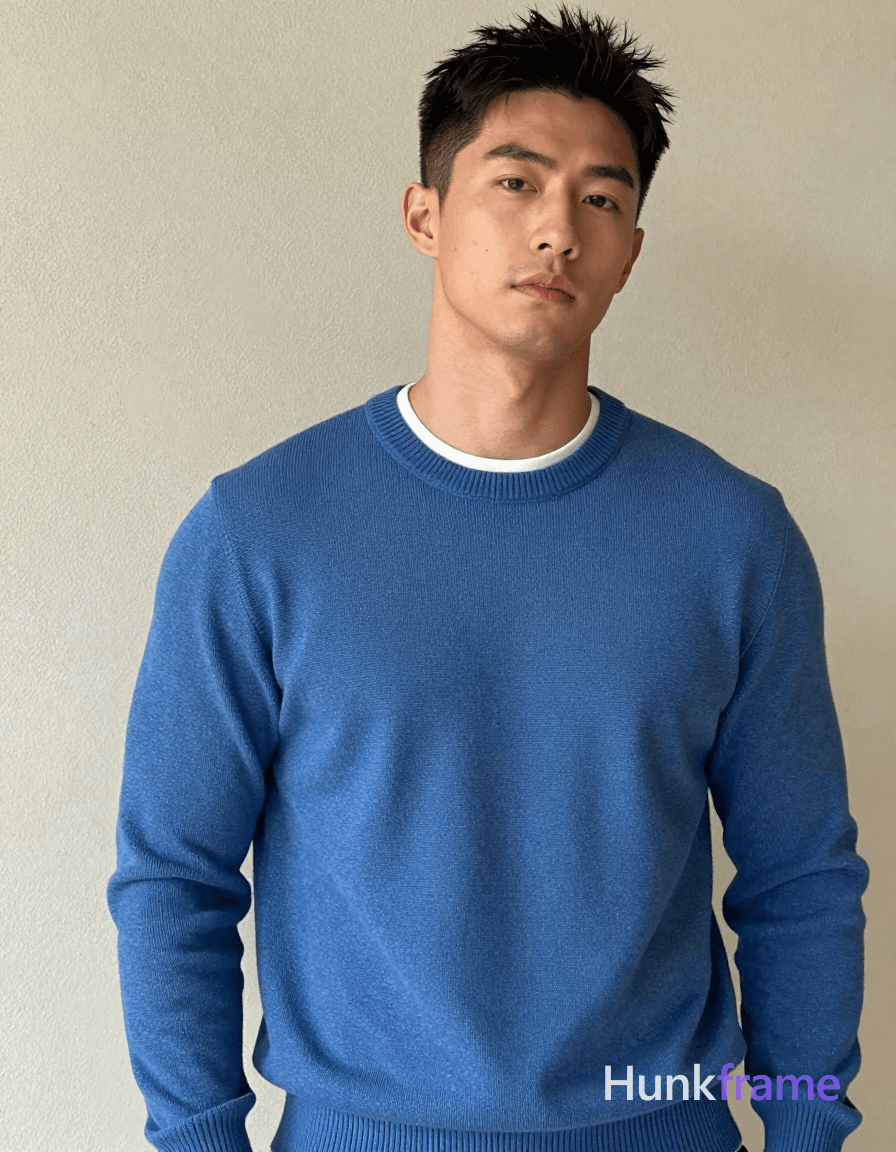 A handsome masculine man standing straight with head slightly tilted forward, wearing a blue rib