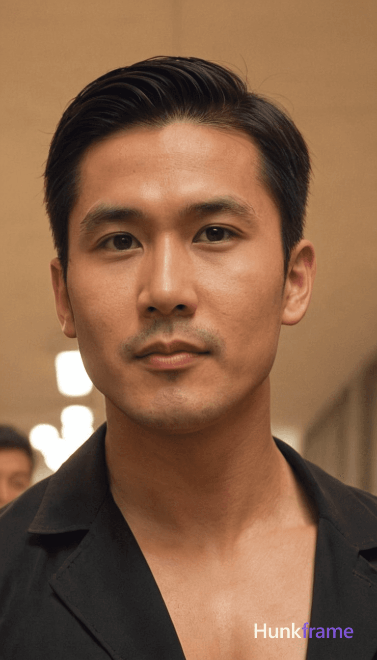 Asian male with short dark hair styled upwards, broad shoulders and defined abs. He is shirtless wit