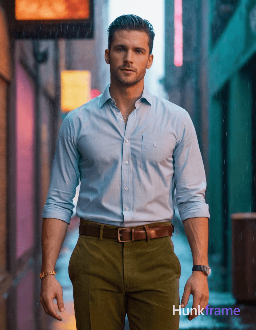 A shirtless man stands in a neon-lit alleyway of a cyberpunk metropolis, raindrops glistening on his