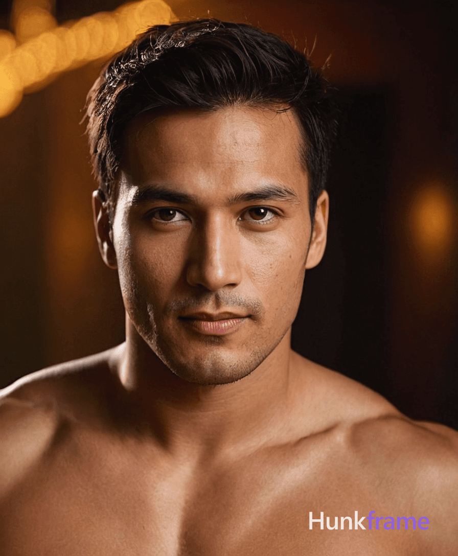 A close-up portrait of a handsome masculine man with a shirtless bare chest, head slightly tilted fo