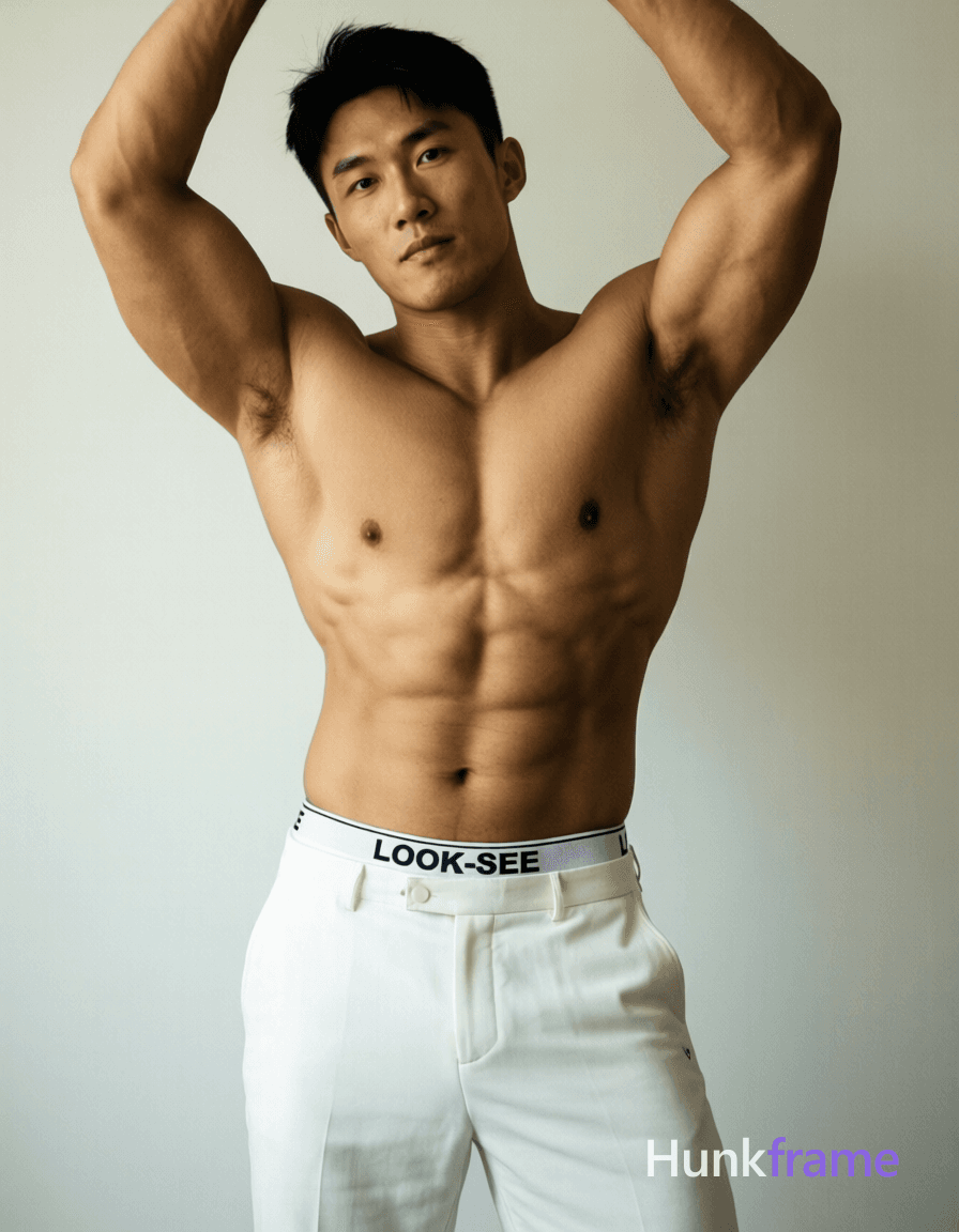 A photorealistic portrait of a shirtless Asian man standing with his arms raised above his head,